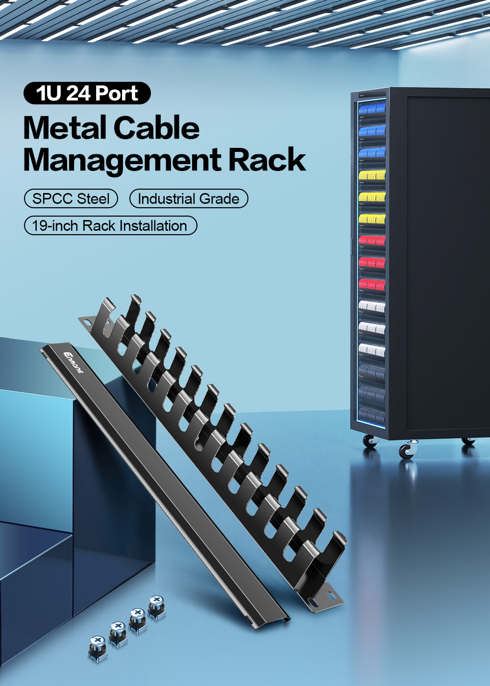1U 24 Port Metal Cable Management Rack